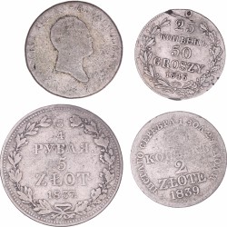 Poland. Russian empire. Lot (4) 50 Groszy, 2 Zloty (2) and 5 Zloty. Early 19th century.