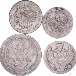 Poland. Russian empire. Lot (4) 50 Groszy, 2 Zloty (2) and 5 Zloty. Early 19th century.
