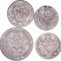 Poland. Russian empire. Lot (4) 50 Groszy, 2 Zloty (2) and 5 Zloty. Early 19th century.