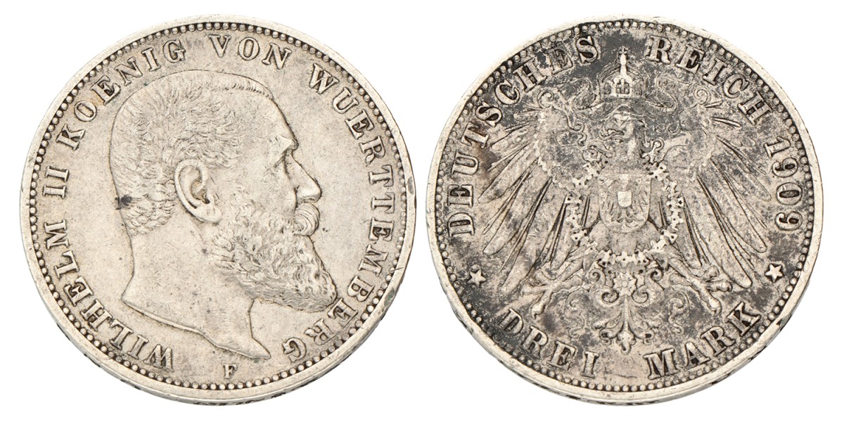 No reserve - German states. Württemberg. Wilhelm II. 3 Mark. 1909 F.