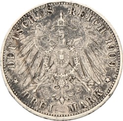 No reserve - German states. Württemberg. Wilhelm II. 3 Mark. 1909 F.