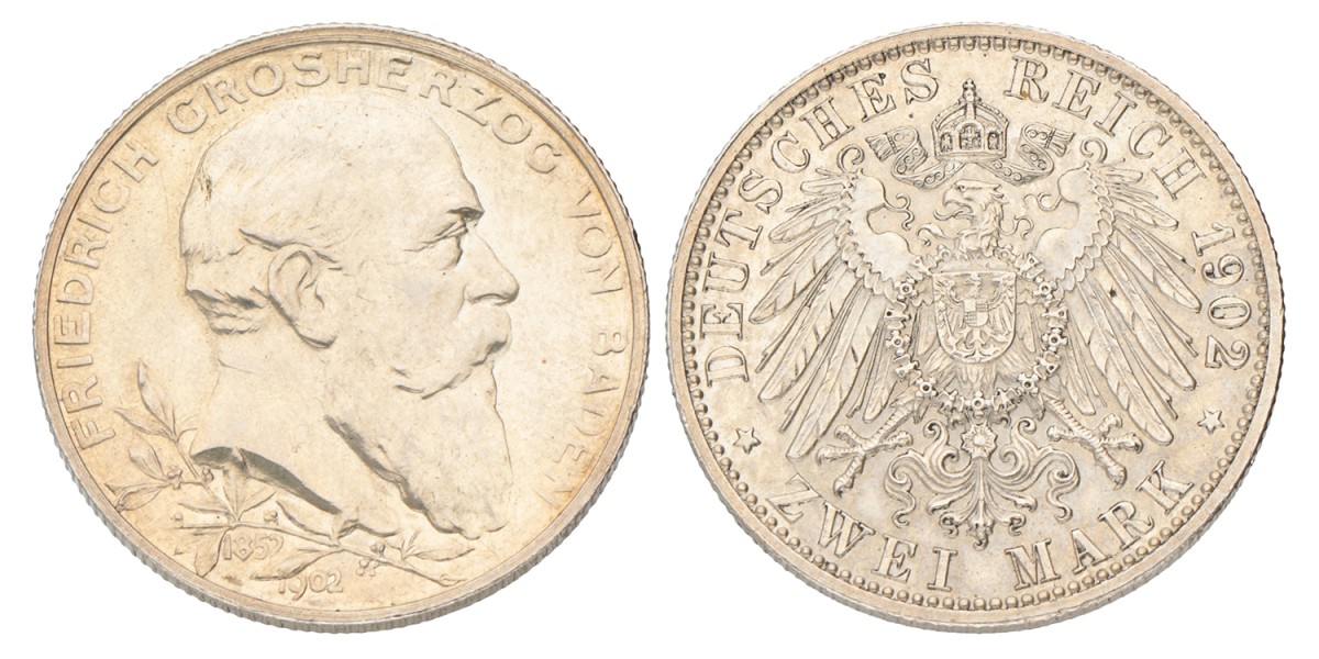 No reserve - German states. Baden. Friedrich I. 2 Mark - 50th anniversary of the rule of Friedrich. 1902.