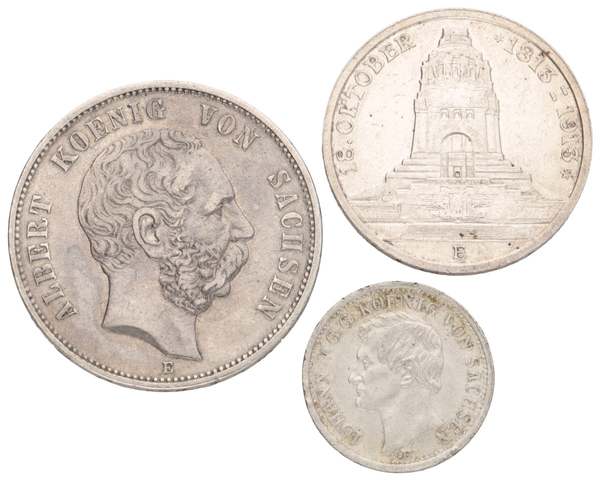 No reserve - German states. Saxony. Lot (3) 1/6 Thaler, 3 Mark, 5 Mark. 1856, 1913, 1875.