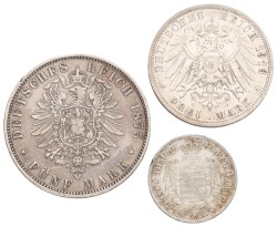 No reserve - German states. Saxony. Lot (3) 1/6 Thaler, 3 Mark, 5 Mark. 1856, 1913, 1875.