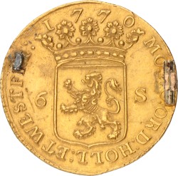 Scheepjeschelling van 6 stuiver. Afslag in goud. Holland. 1770. Prachtig -.