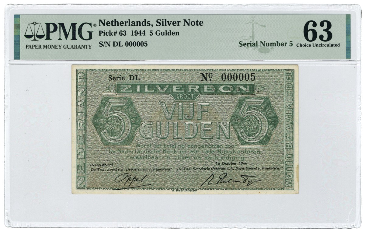 Nederland. 5 gulden. Zilverbon. Type 1944. - PMG 63.