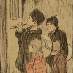 Een lithografie met zwerfkinderen met daarbij een conté en gewassen inkt op papier voorstellende een straattoneel, Toegeschreven aan Théophile-Alexandre Steinlen (Lausanne, Zwitserland 1859 - 1923 Parijs).