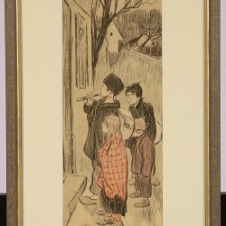 Een lithografie met zwerfkinderen met daarbij een conté en gewassen inkt op papier voorstellende een straattoneel, Toegeschreven aan Théophile-Alexandre Steinlen (Lausanne, Zwitserland 1859 - 1923 Parijs).