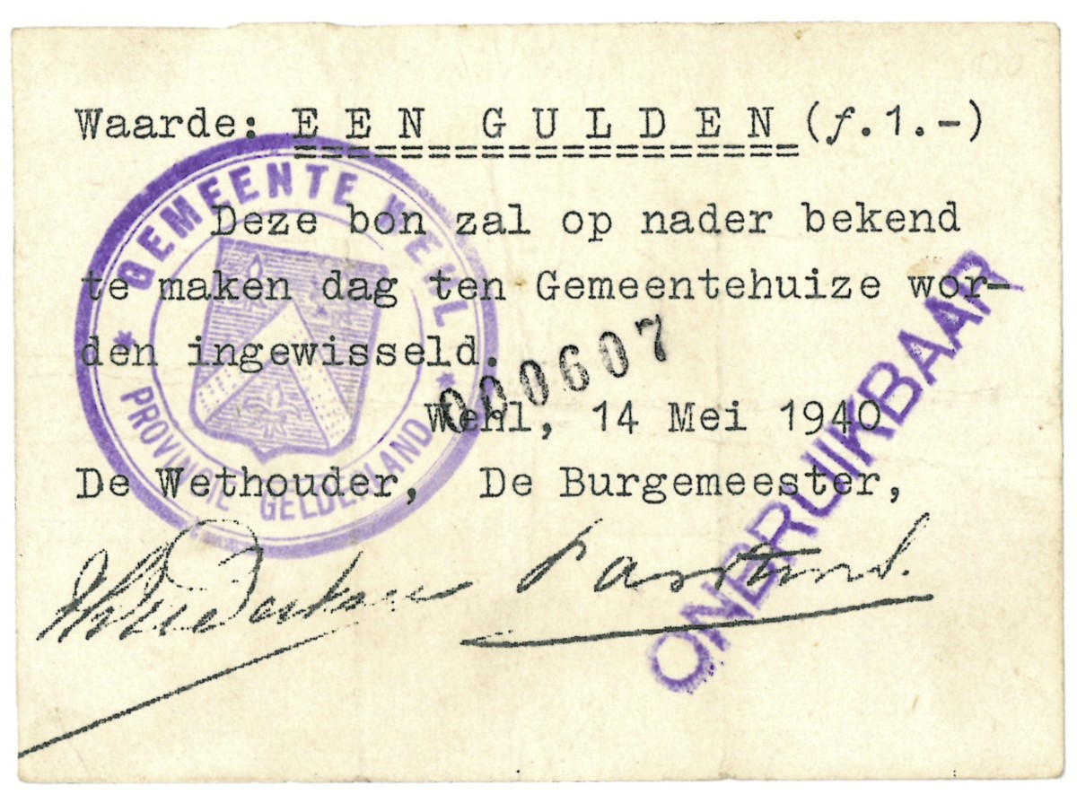 Nederland. 1 gulden. Waardebon. Type 1940. Type Wehl. - Zeer Fraai -.