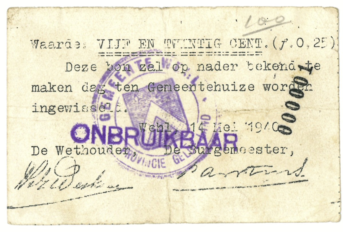 Nederland. 25 cent. Waardebon. Type 1940. Type Wehl. - Fraai.