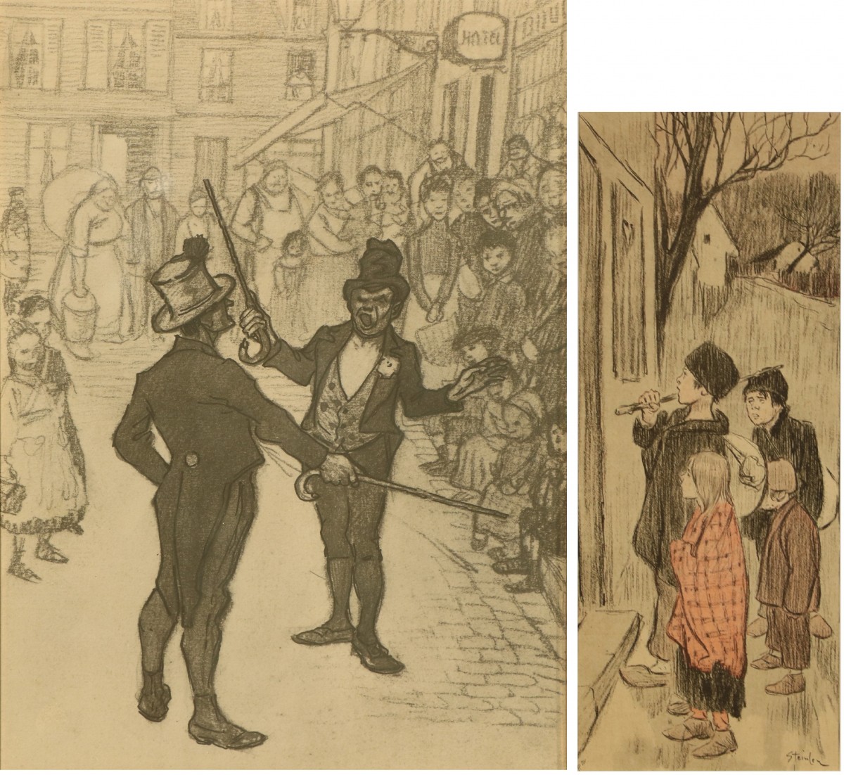 Een lithografie met zwerfkinderen met daarbij een conté en gewassen inkt op papier voorstellende een straattoneel, Toegeschreven aan Théophile-Alexandre Steinlen (Lausanne, Zwitserland 1859 - 1923 Parijs).