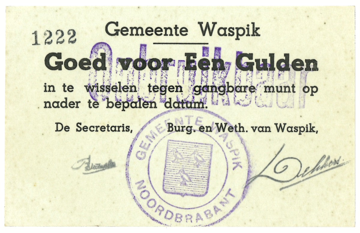 Nederland. 1 gulden. Waardebon. Type 1940. Type Waspik. - UNC.