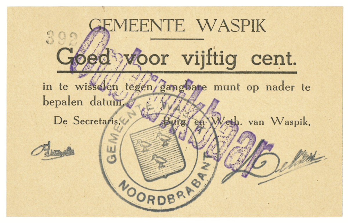 Nederland. 50 cent. Waardebon. Type 1940. Type Waspik. - UNC.