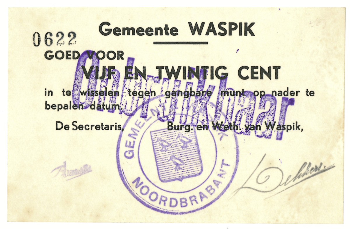 Nederland. 25 cent. Waardebon. Type 1940. Type Waspik. - UNC.