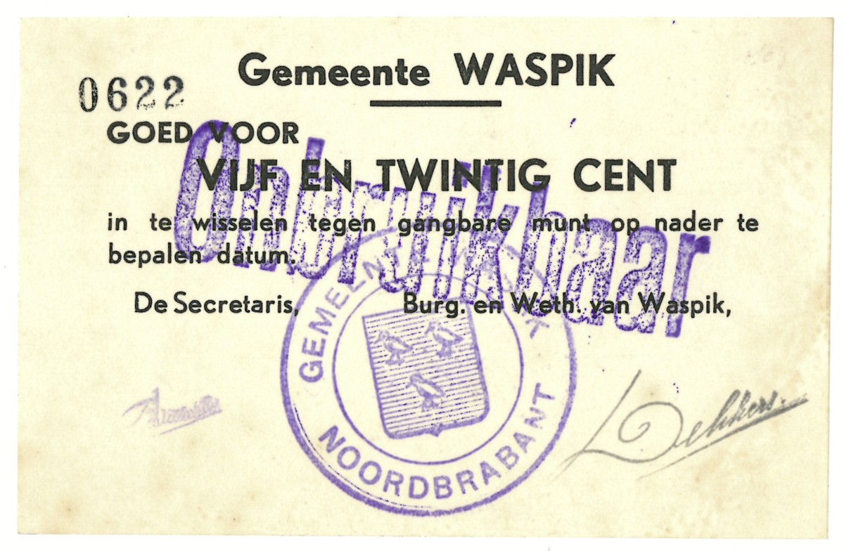 Nederland. 25 cent. Waardebon. Type 1940. Type Waspik. - UNC.