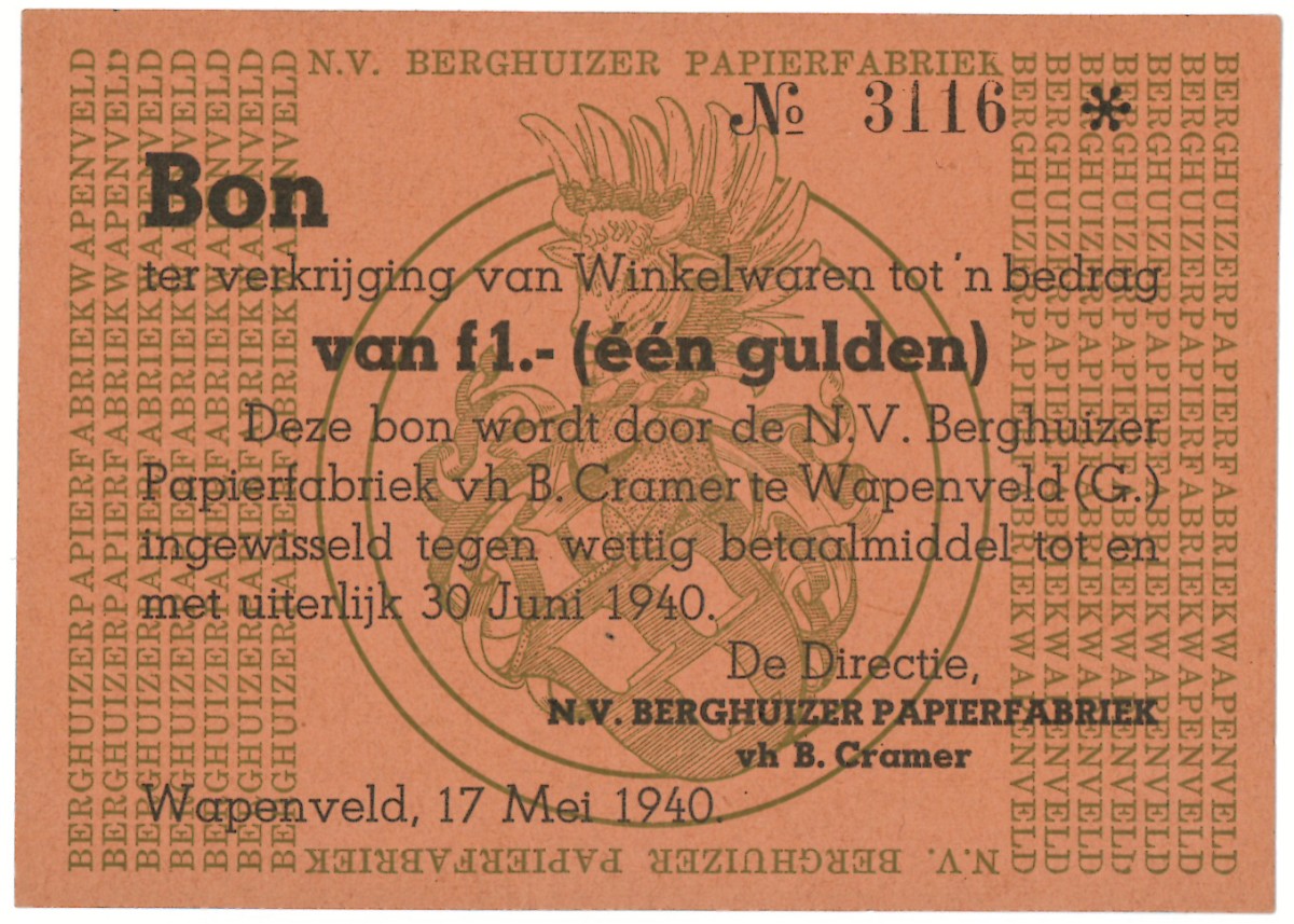 Nederland. 1 gulden. Waardebon. Type 1940. Type Wapenveld. - UNC.