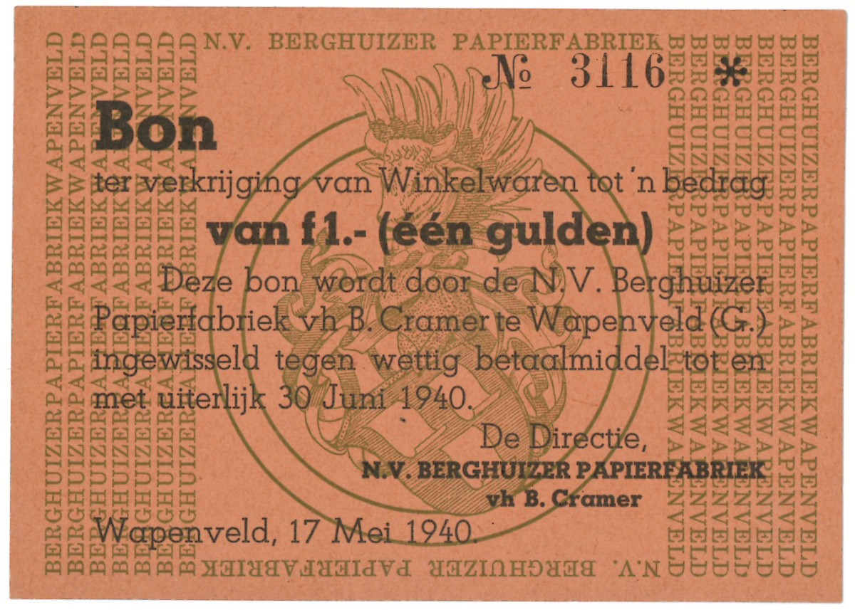 Nederland. 1 gulden. Waardebon. Type 1940. Type Wapenveld. - UNC.