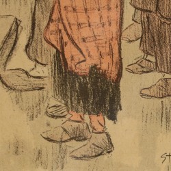 Een lithografie met zwerfkinderen met daarbij een conté en gewassen inkt op papier voorstellende een straattoneel, Toegeschreven aan Théophile-Alexandre Steinlen (Lausanne, Zwitserland 1859 - 1923 Parijs).