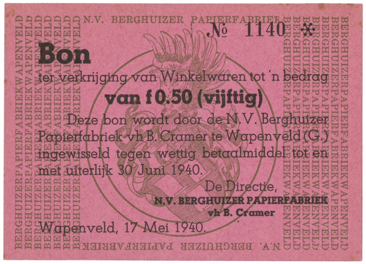 Nederland. 50 cent. Waardebon. Type 1940. Type Wapenveld. - UNC.