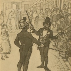 Een lithografie met zwerfkinderen met daarbij een conté en gewassen inkt op papier voorstellende een straattoneel, Toegeschreven aan Théophile-Alexandre Steinlen (Lausanne, Zwitserland 1859 - 1923 Parijs).