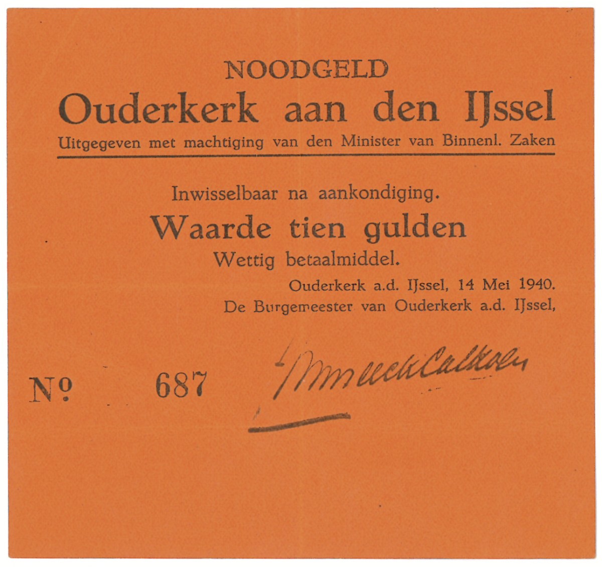 Nederland. 10 gulden. Waardebon. Type 1940. Type Ouderkerk aan de IJssel. - Zeer Fraai.