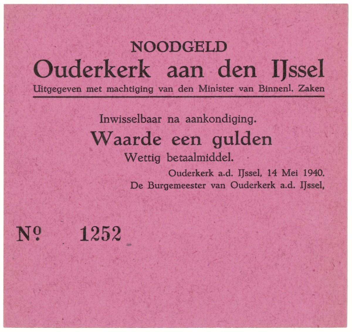 Nederland. 1 gulden. Waardebon. Type 1940. Type Ouderkerk aan de IJssel. - UNC.