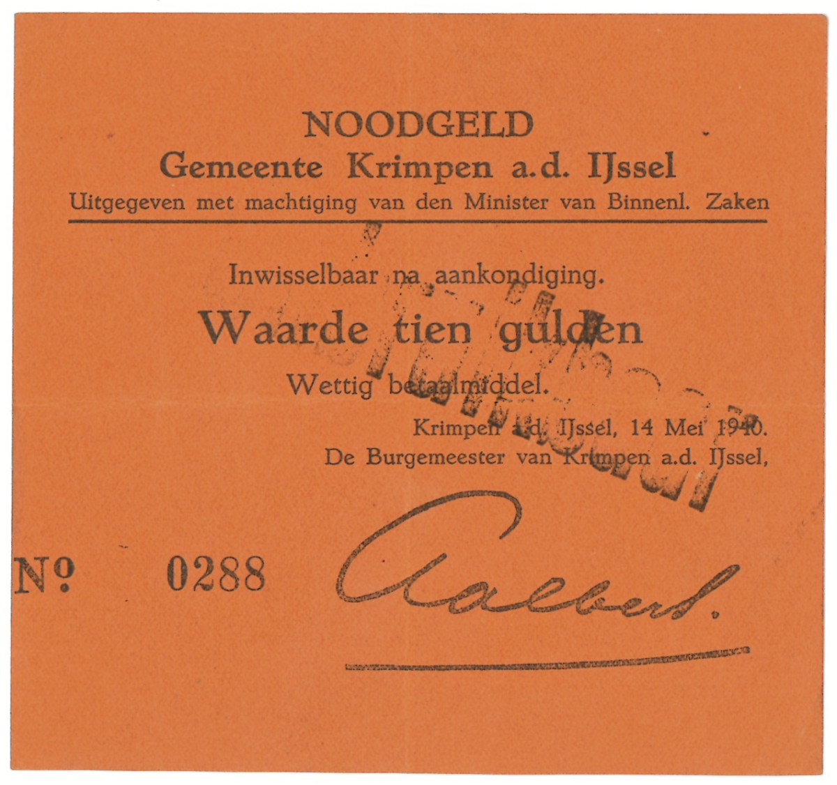 Nederland. 10 gulden. Waardebon. Type 1940. Type Krimpen aan de IJssel. - Zeer Fraai.