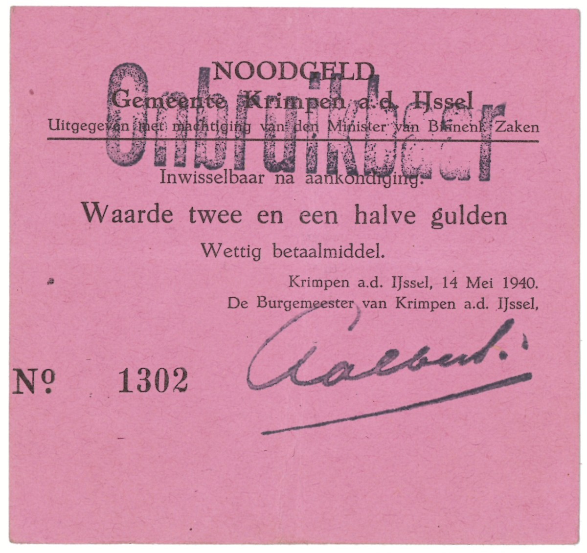 Nederland. 2½ gulden. Waardebon. Type 1940. Type Krimpen aan de IJssel. - Zeer Fraai +.