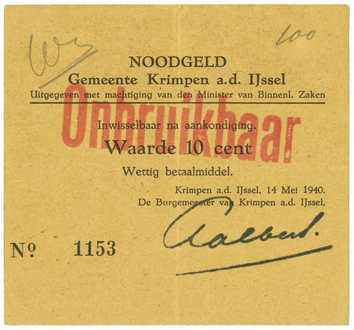 Nederland. 10 cent. Waardebon. Type 1940. Type Krimpen aan de IJssel. - Zeer Fraai -.