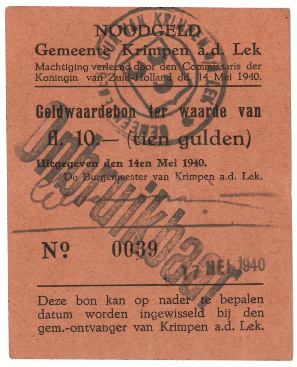 Nederland. 10 gulden. Waardebon. Type 1940. Type Krimpen aan de Lek. - Zeer Fraai.