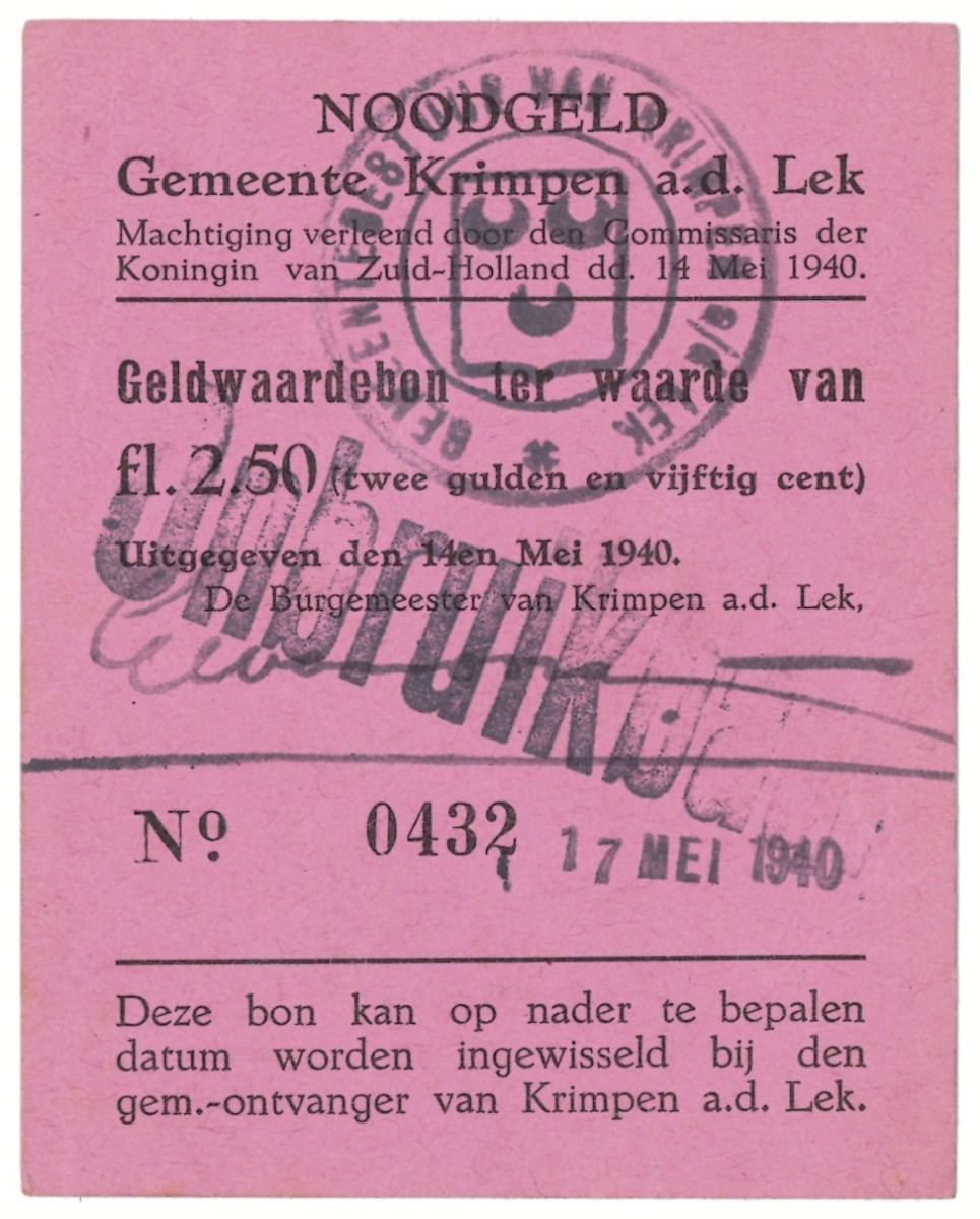 Nederland. 2½ gulden. Waardebon. Type 1940. Type Krimpen aan de Lek. - UNC.