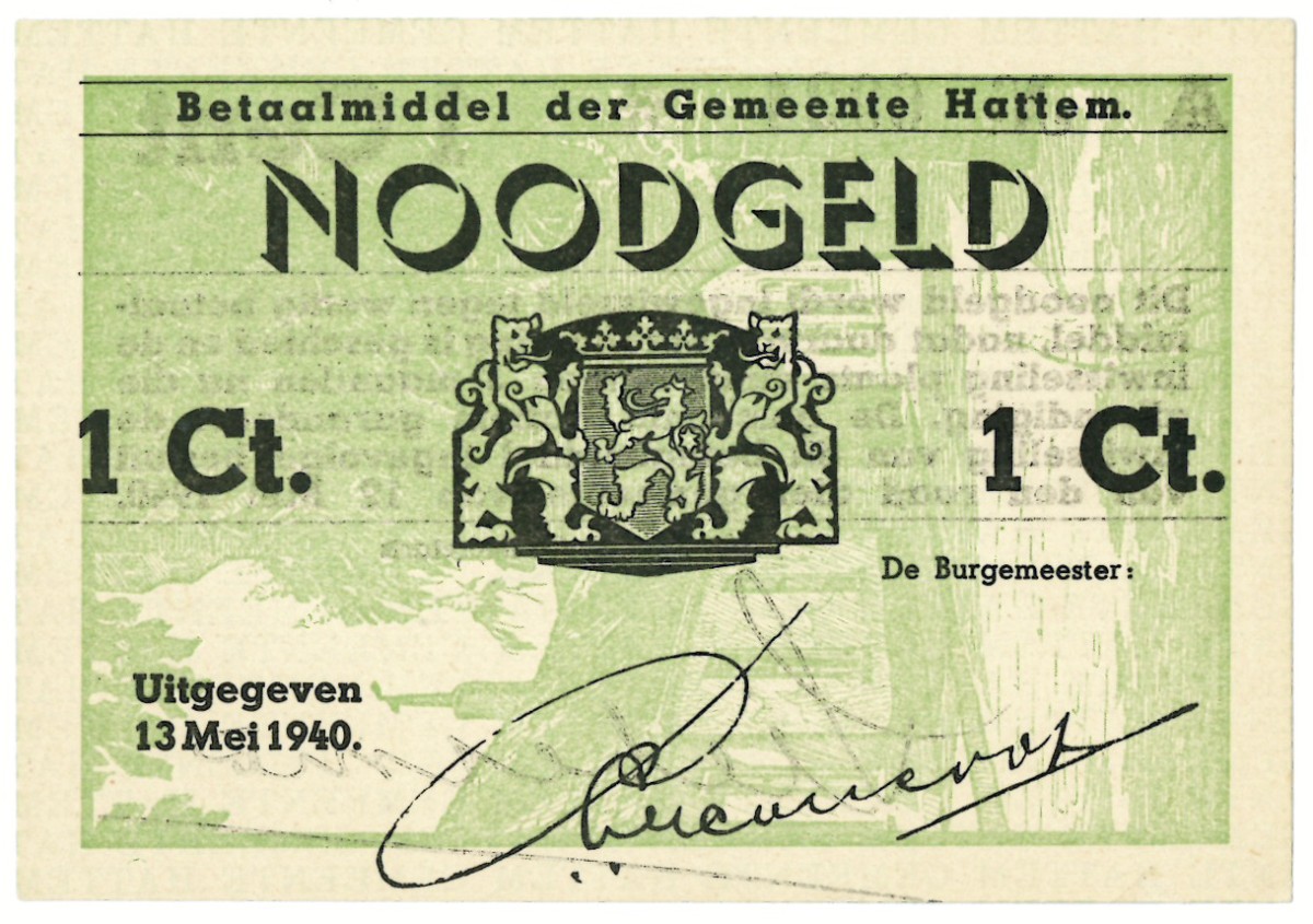 Nederland. 1 cent. Waardebon. Type 1940. Type Hattem. - UNC.