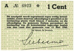 Nederland. 1 cent. Waardebon. Type 1940. Type Hattem. - UNC.