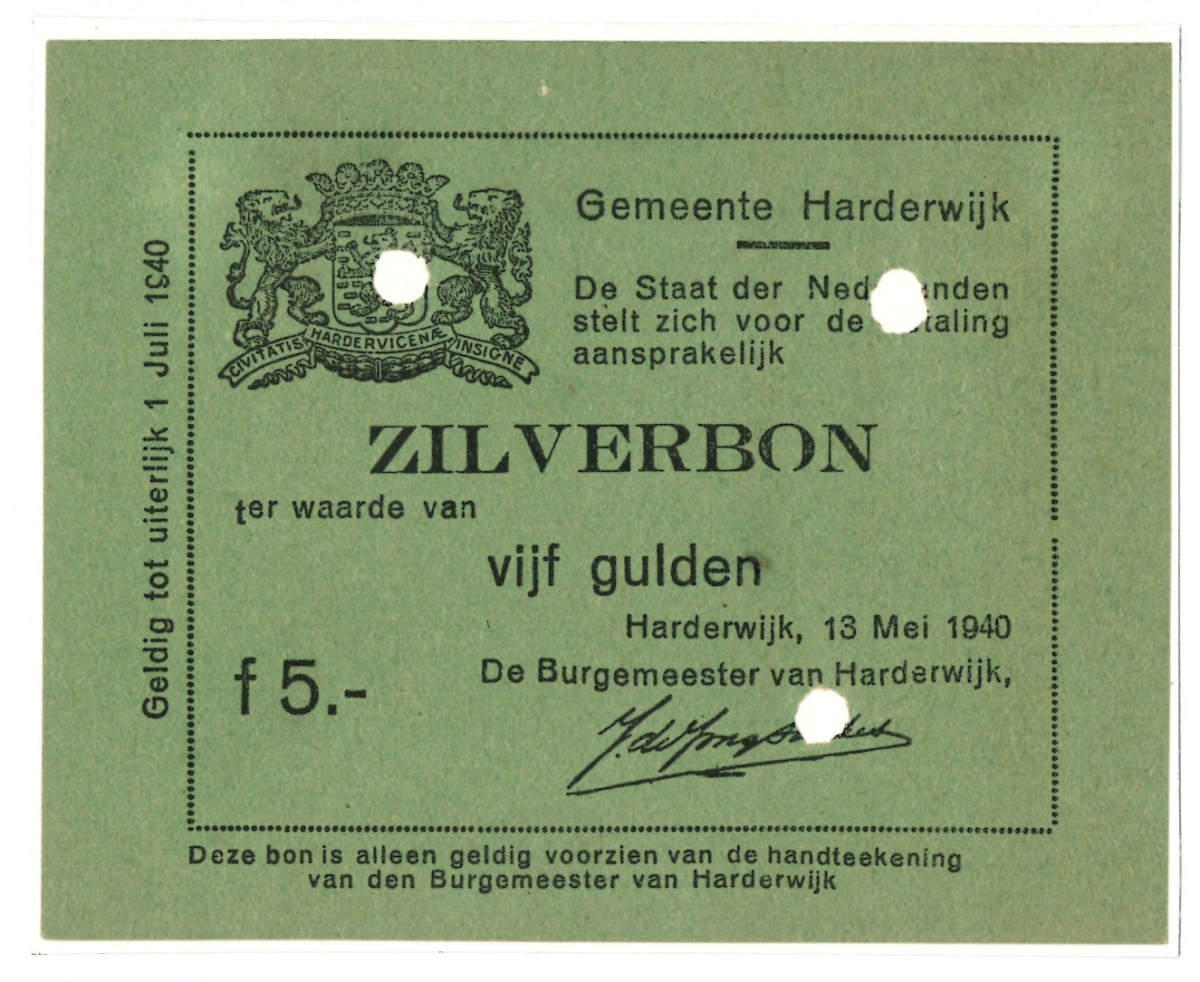 Nederland. 5 gulden. Waardebon. Type 1940. Type Harderwijk. - Zeer Fraai.