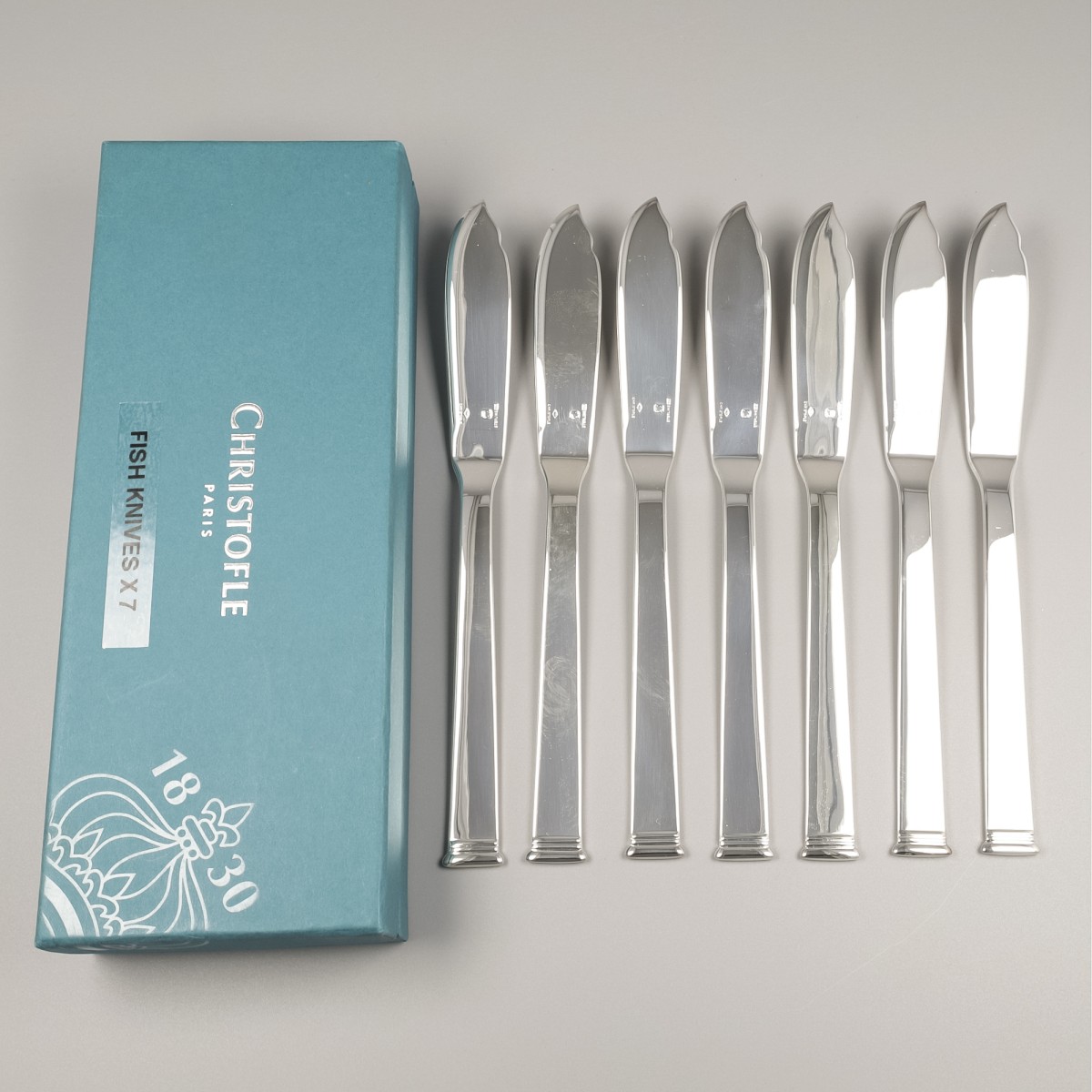 Christofle 7-delige set vismessen, model Commodore, Sterling zilver.