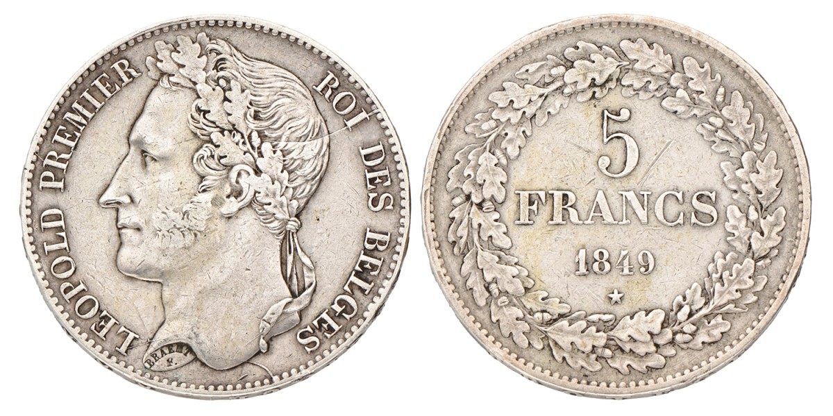 No reserve - Belgium. Leopold I. 5 Francs. 1849.