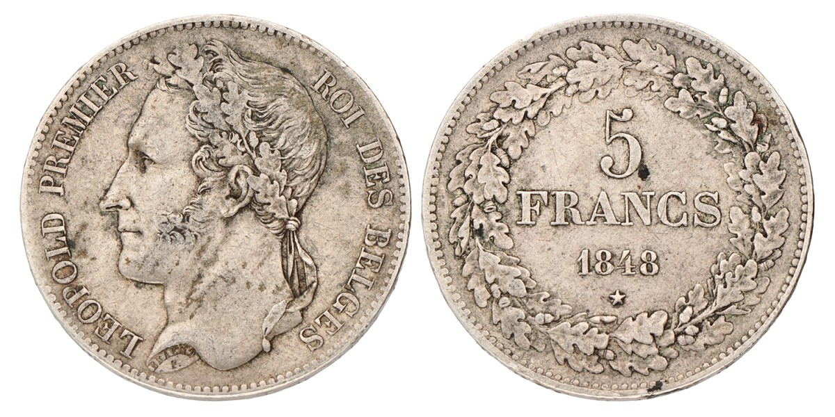 No reserve - Belgium. Leopold I. 5 Francs. 1848.