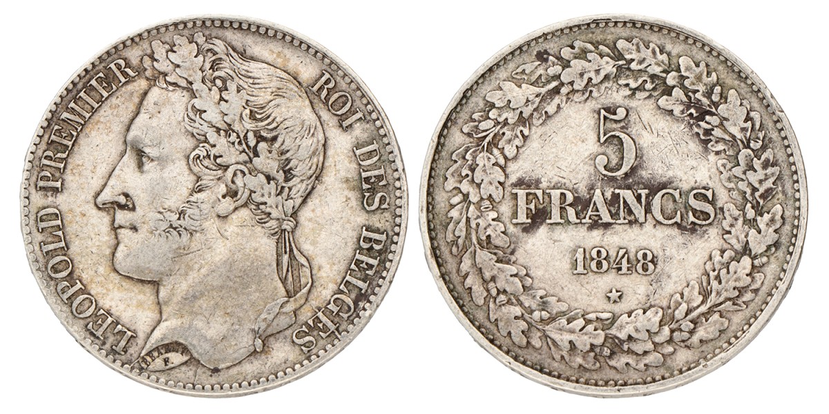 No reserve - Belgium. Leopold I. 5 Francs. 1848.