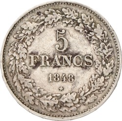 No reserve - Belgium. Leopold I. 5 Francs. 1848.