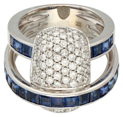 18K Witgouden design ring met diamant en saffier.