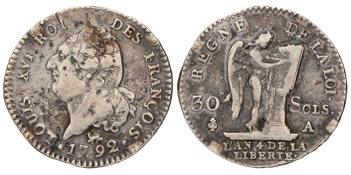 France. Constitutional Monarchy. Louis XVI. 30 Sols. 1792/L'Án 4.