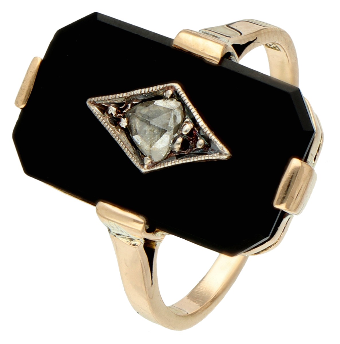 BWG 12K roségouden Art Deco ring met onyx plaquette en roos geslepen diamant.