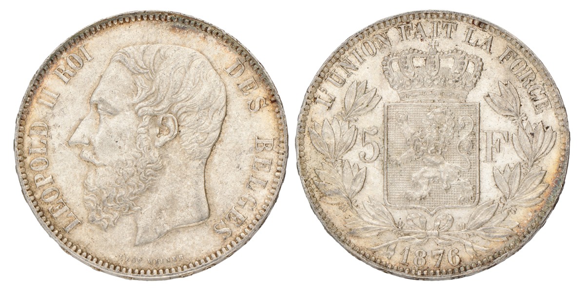 No reserve - Belgium. Leopold II. 5 Francs. 1876.