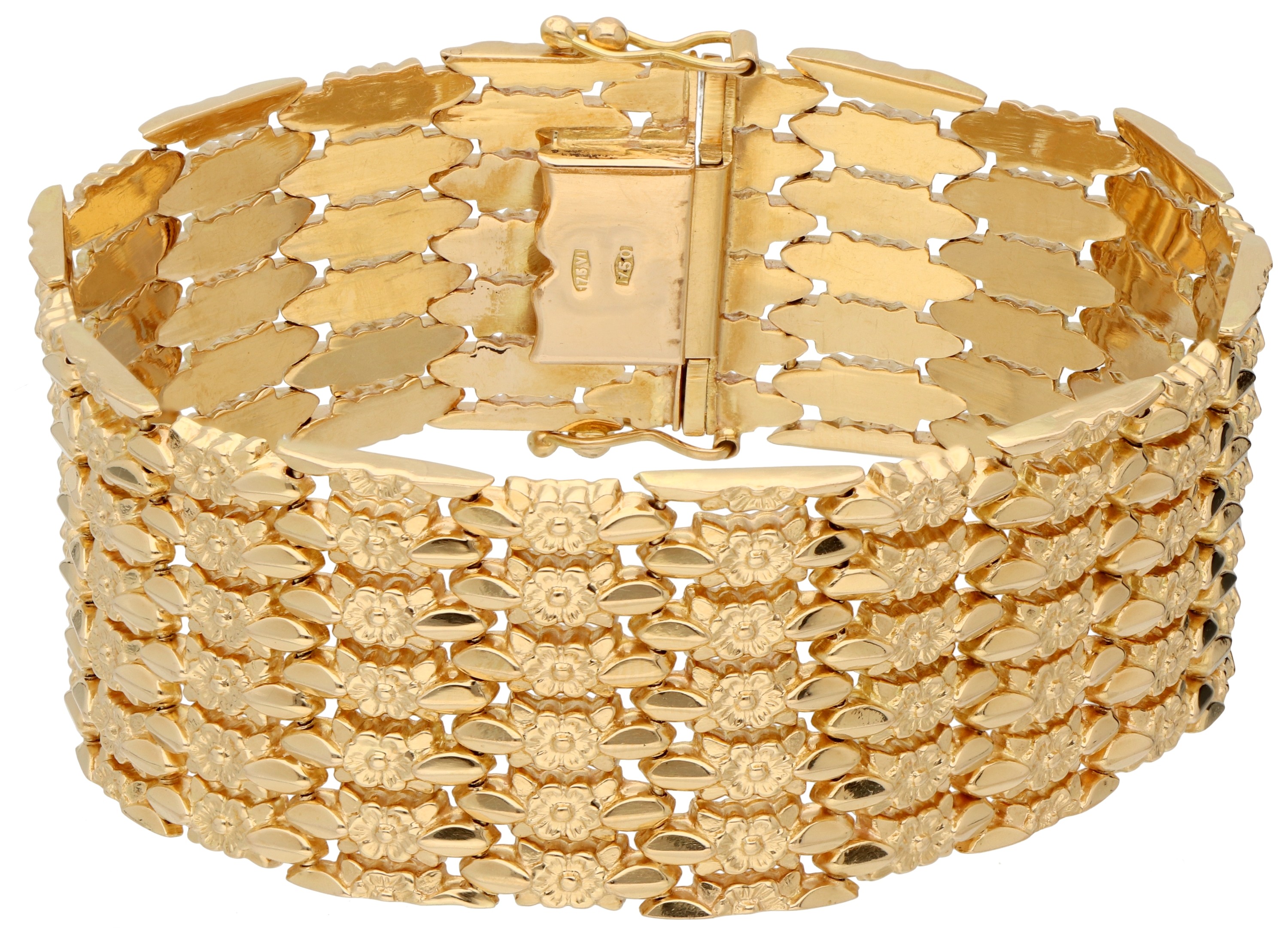 14K Geelgouden Italiaanse flexibele armband met bloemmotief.