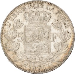 No reserve - Belgium. Leopold II. 5 Francs. 1876.