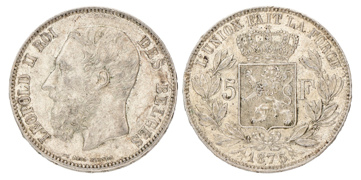 No reserve - Belgium. Leopold II. 5 Francs. 1875.