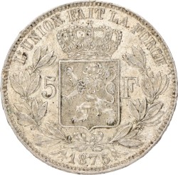 No reserve - Belgium. Leopold II. 5 Francs. 1875.