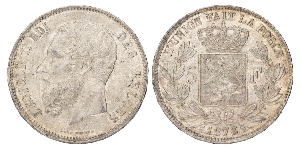 No reserve - Belgium. Leopold II. 5 Francs. 1873.