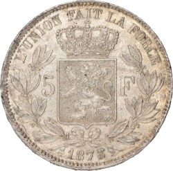 No reserve - Belgium. Leopold II. 5 Francs. 1873.