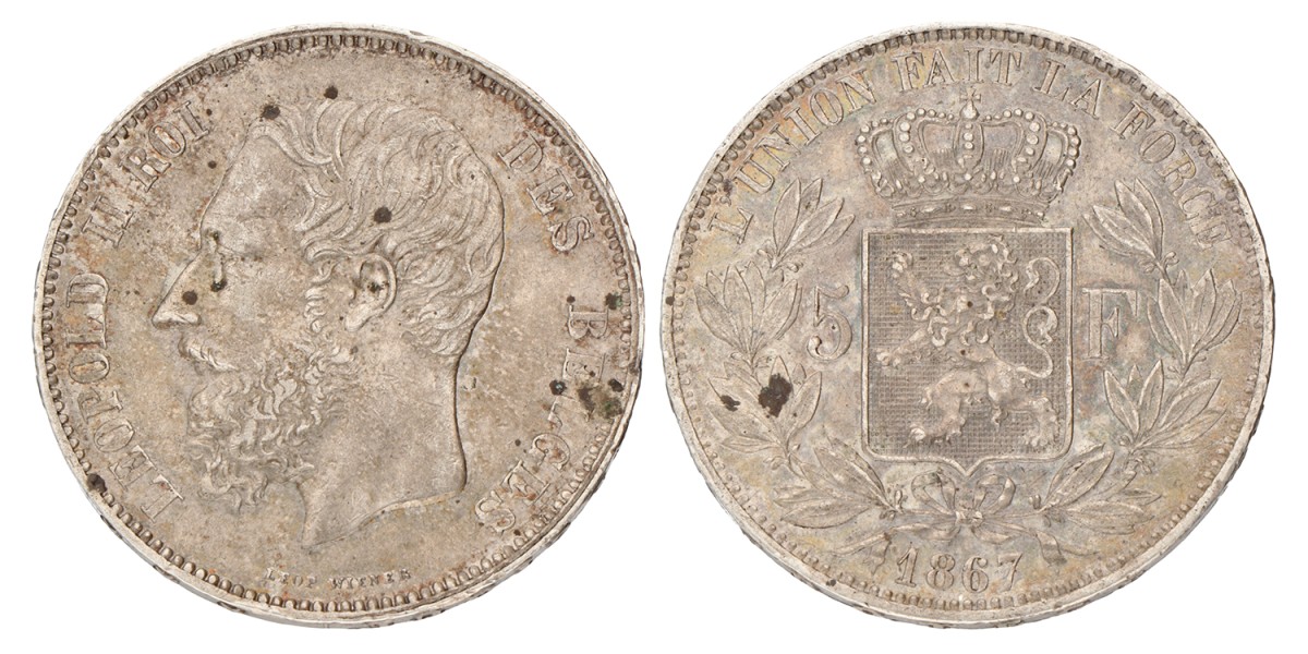 No reserve - Belgium. Leopold II. 5 Francs. 1867.